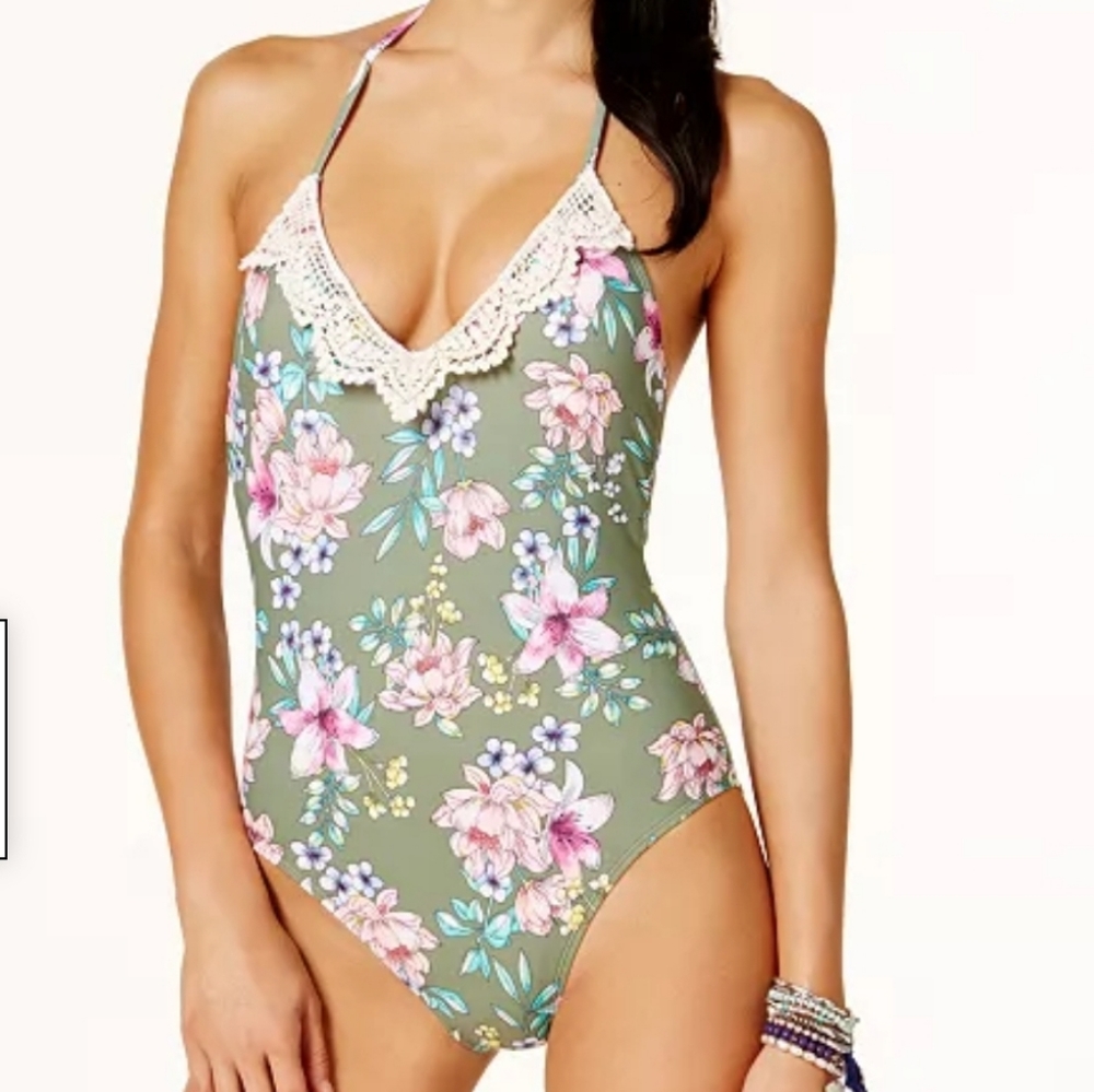 Hula Honey Juniors' Floral-Print Halter One-Piece Swimsuit, size XL